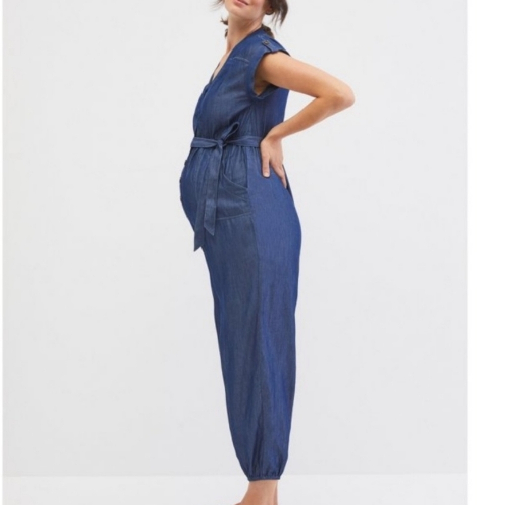 Motherhood Maternity Blue Denim-Effect Short Sleeve Maternity Jumpsuit